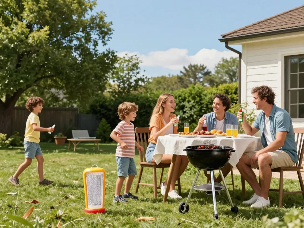 A family using mosquito repellent while enjoying a summer barbecue outdoors.