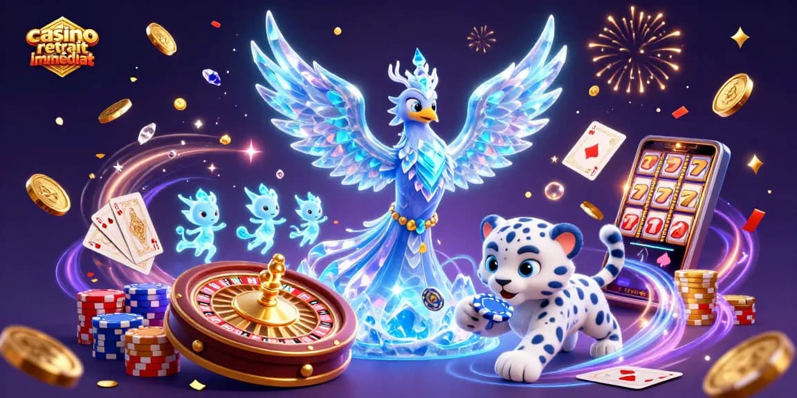 Retrait immédiat de casino - Illustration dynamique de personnages de casino entourés de paillettes et de jetons d'or.