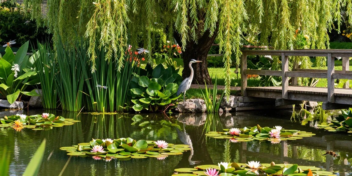 British Pond Plants flourishing in a serene garden pond with vibrant water lilies and wildlife.
