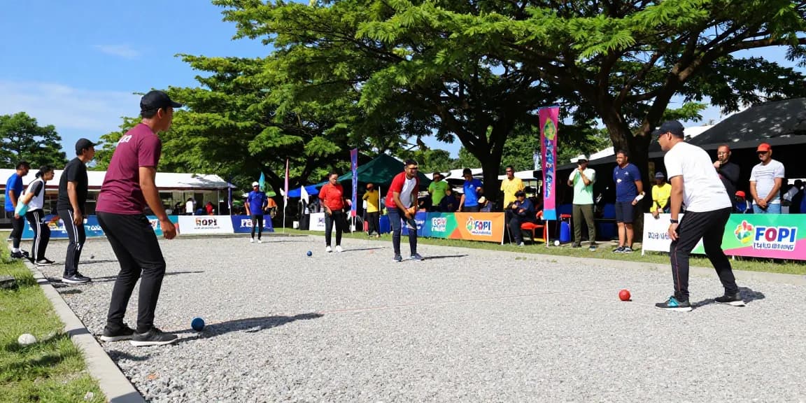 Aktivitas olahraga petanque di fopikotabitung.org, pemain bersaing di lapangan kerikil, suasana hangat penuh semangat komunitas.