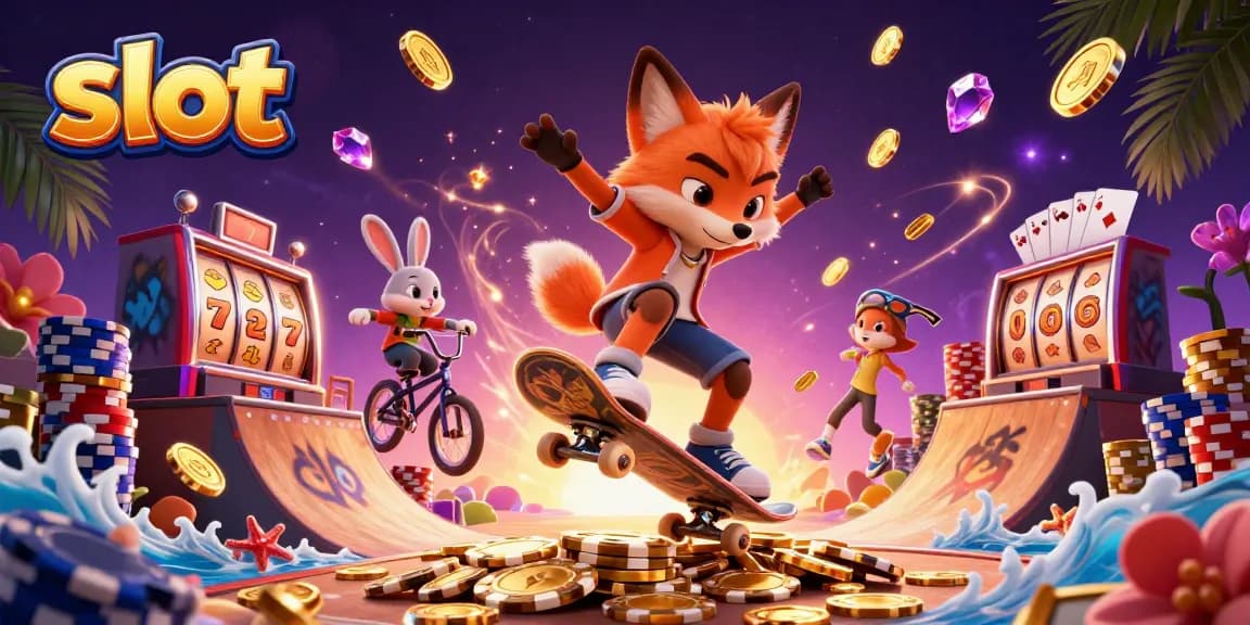 Engaging 3D illustration showcasing a slot-themed scene with a skateboarder fox flipping over poker chips.