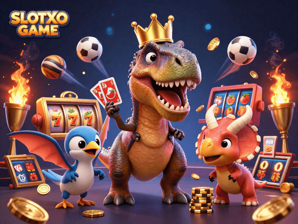 เกมสล็อต SLOTXO GAME ที่ตื่นเต้นพร้อมการ์ตูน T-Rex สวมมงกุฎทองและการ์ตูนอื่น ๆ ที่มีบรรยากาศคาสิโนสุดน่ารัก