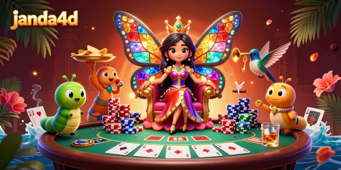 Permainan poker seru di janda4d dengan ratu kupu-kupu dan hiasan warna-warni.