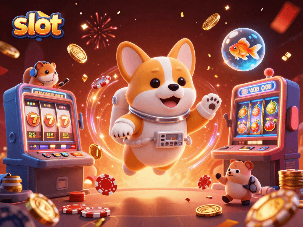 Engage in vibrant slot gaming action with a dynamic scene featuring a playful astronaut corgi.
