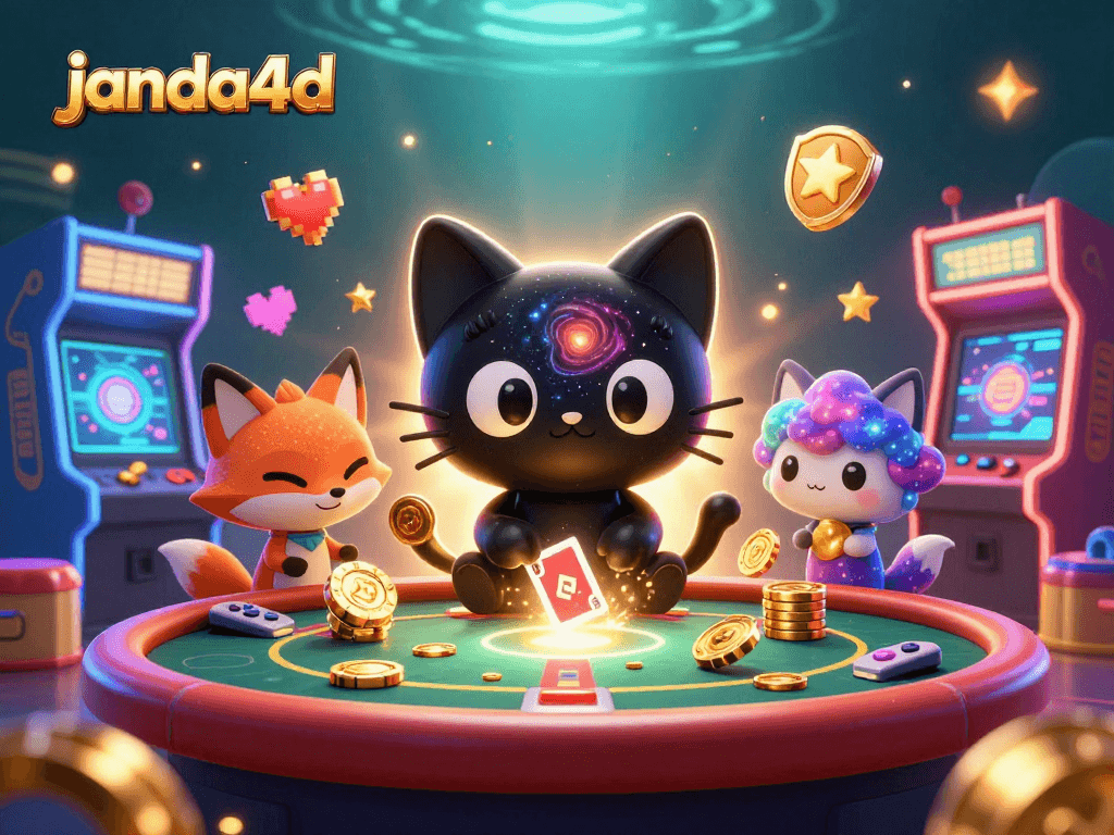 Janda4D menarik perhatian pemain dengan kucing hitam 3D berputar menarik chip emas di kasino.