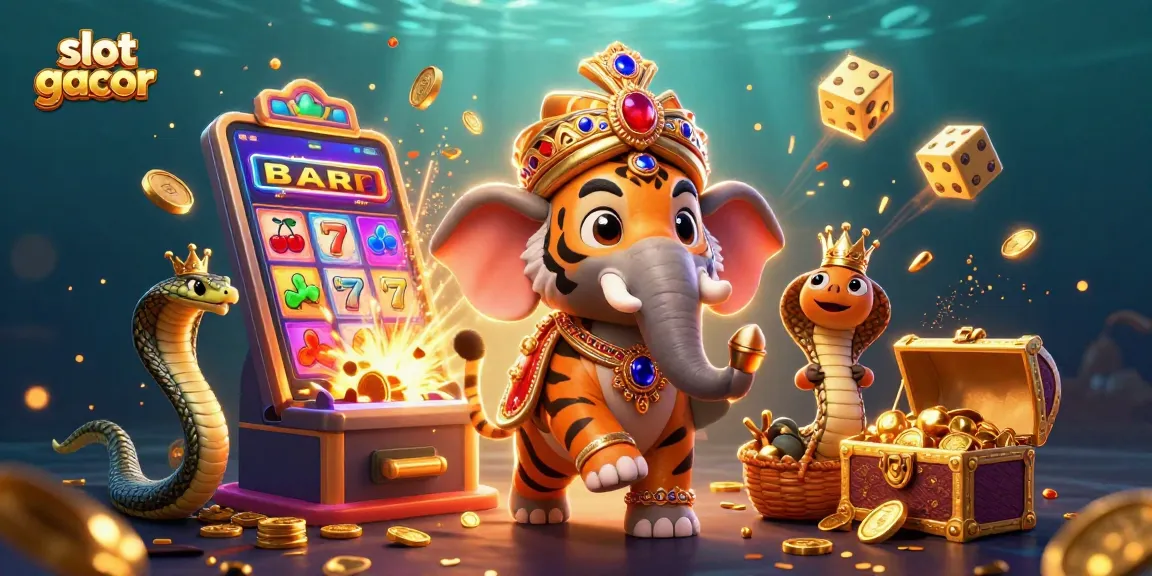 Experience slot gacor action with a vibrant illustration of a maharaja tiger, elephant, and jackpot elements.