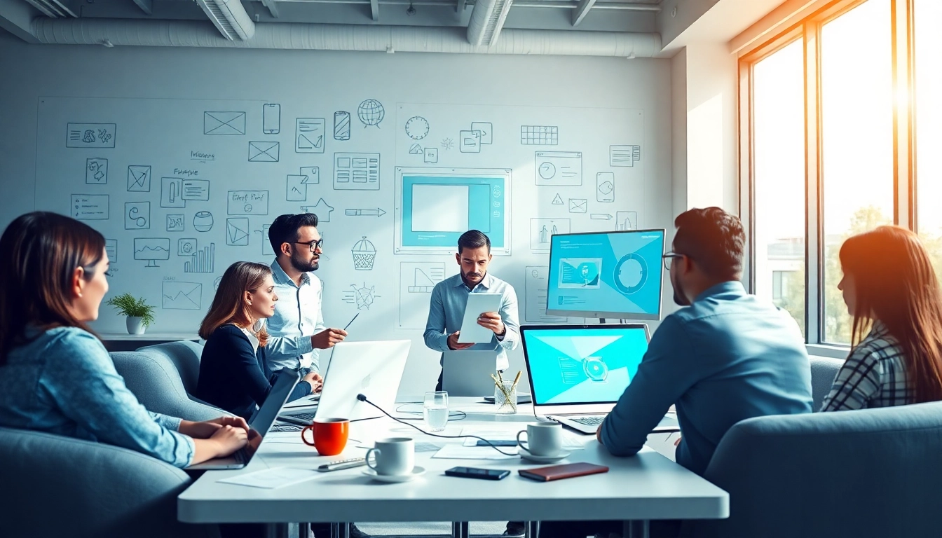 Werbeagentur Team kreative Ideen in modernem Büroumfeld austauscht.