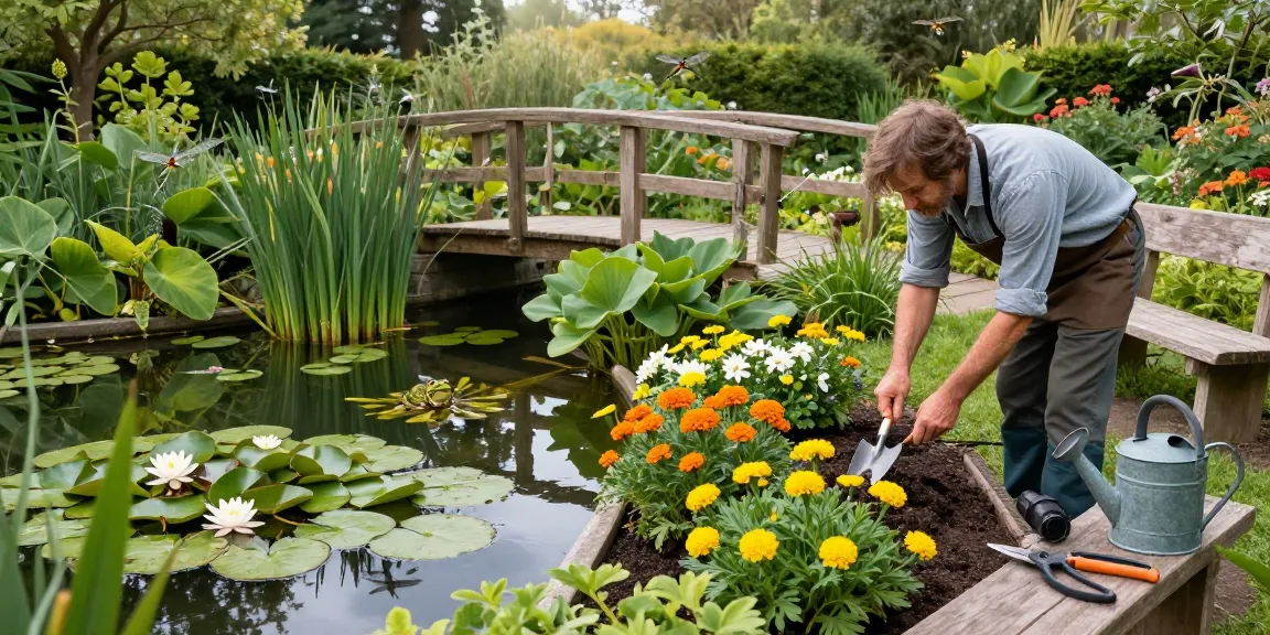 Beautiful British pond plants flourishing in a serene garden with a gardener tending to vibrant flowerbeds.