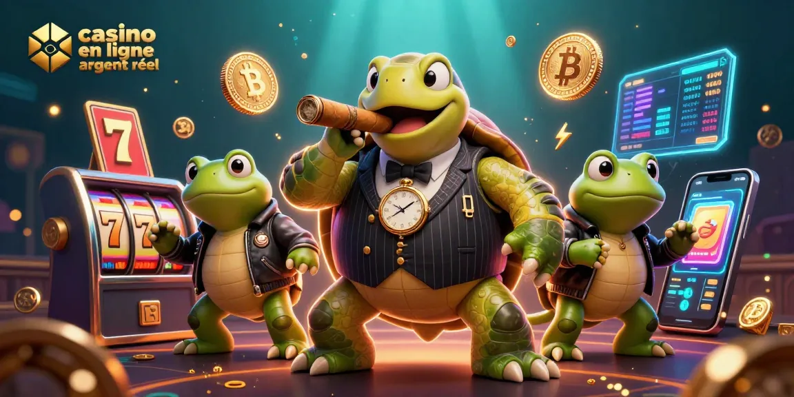 Illustration dynamique avec une tortue massive en costume, mettant en avant le casino en ligne argent réel.