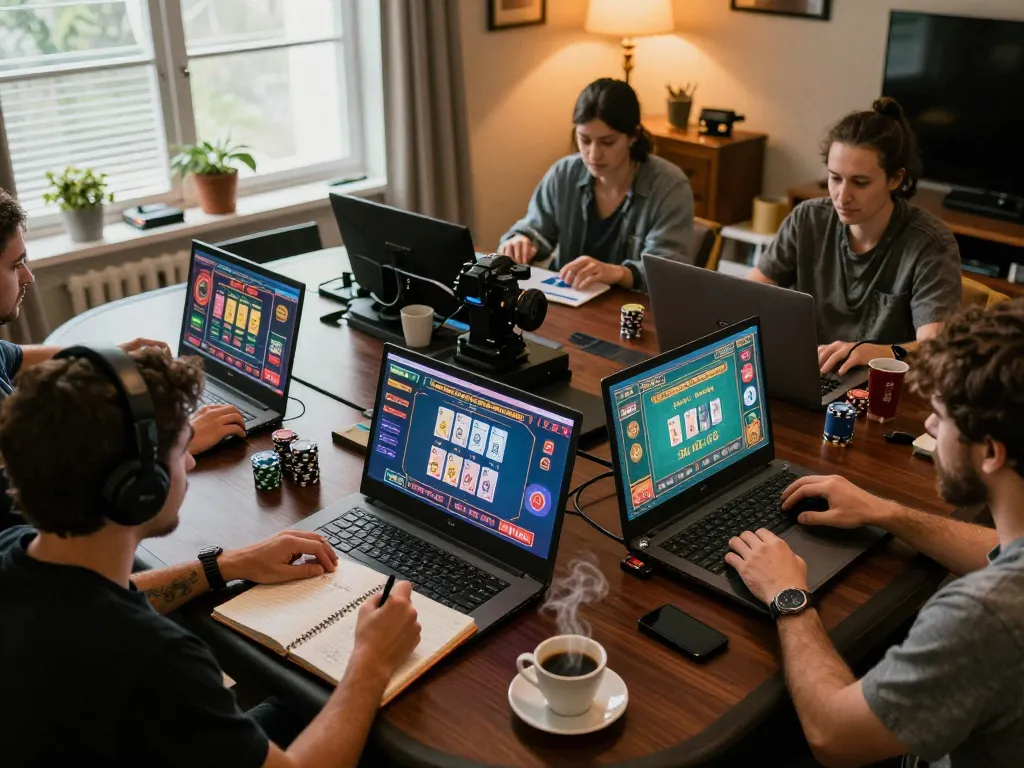 Engaging players enjoying migliori casino europei online in a cozy home gaming setup with multiple devices and strategic notes