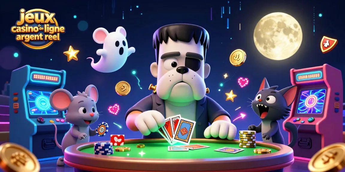Profitez d'une scène dynamique de jeux de casino en ligne argent réel avec un bulldog Frankenstein animant une table de cartes