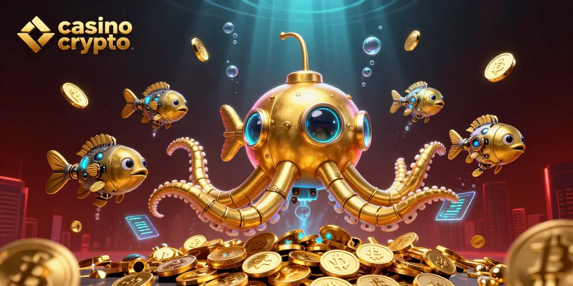 Découvrez le monde du casino crypto avec une illustration dynamique de créatures marines et de pièces d'or.