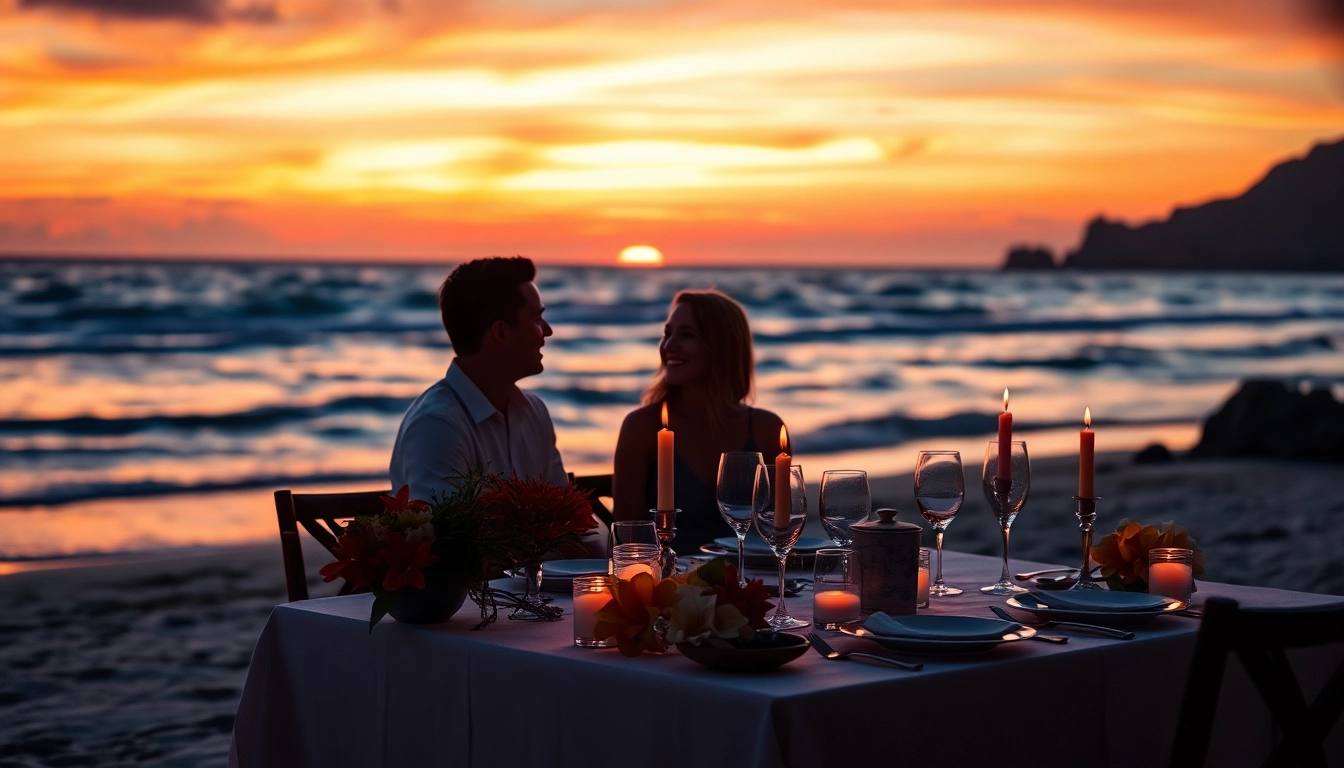 Couple enjoying romantic excursions in Cabo during a sunset dinner at the beach.