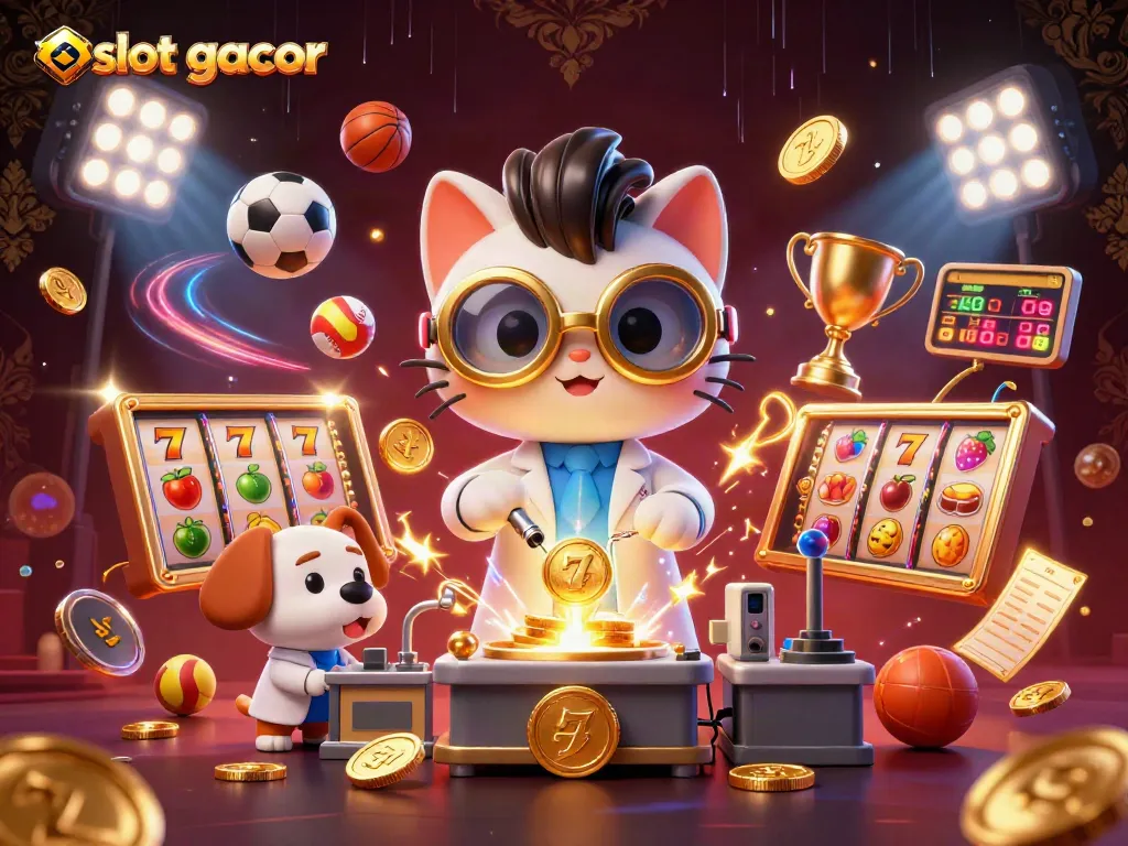 Spin winning slots at slot gacor with a lively illustration of a mad scientist cat and assistant