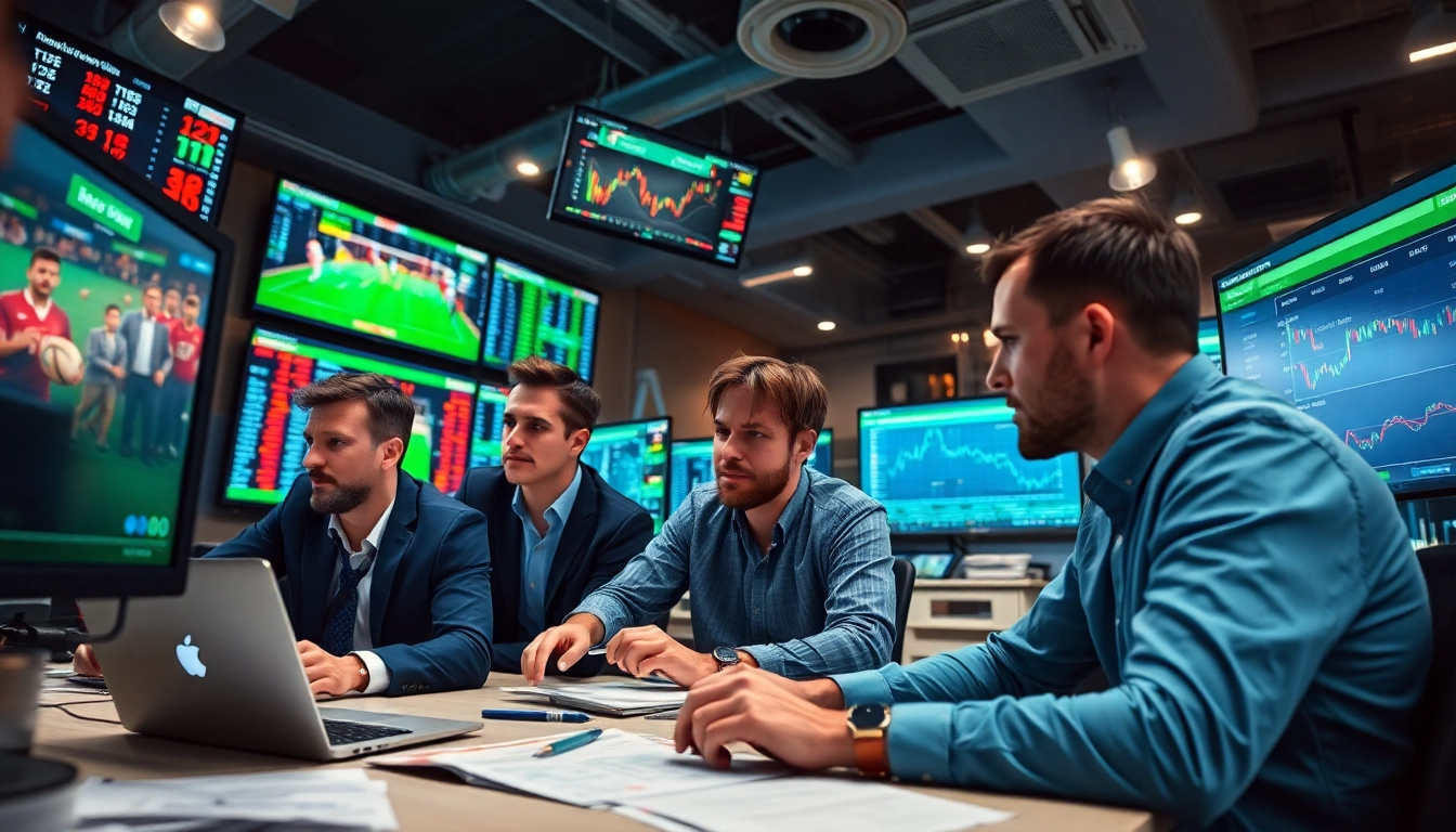 Engaged professionals reviewing sports betting sites India in a modern office setting.