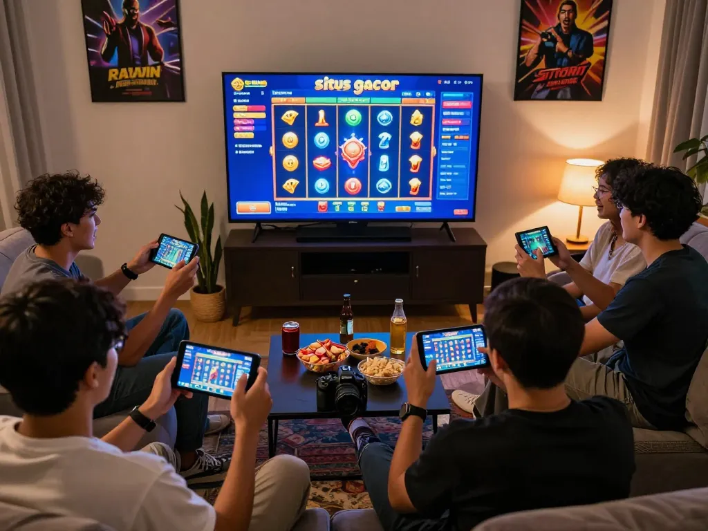 Situs gacor gaming scene with friends enjoying an online slot game in a cozy living room.