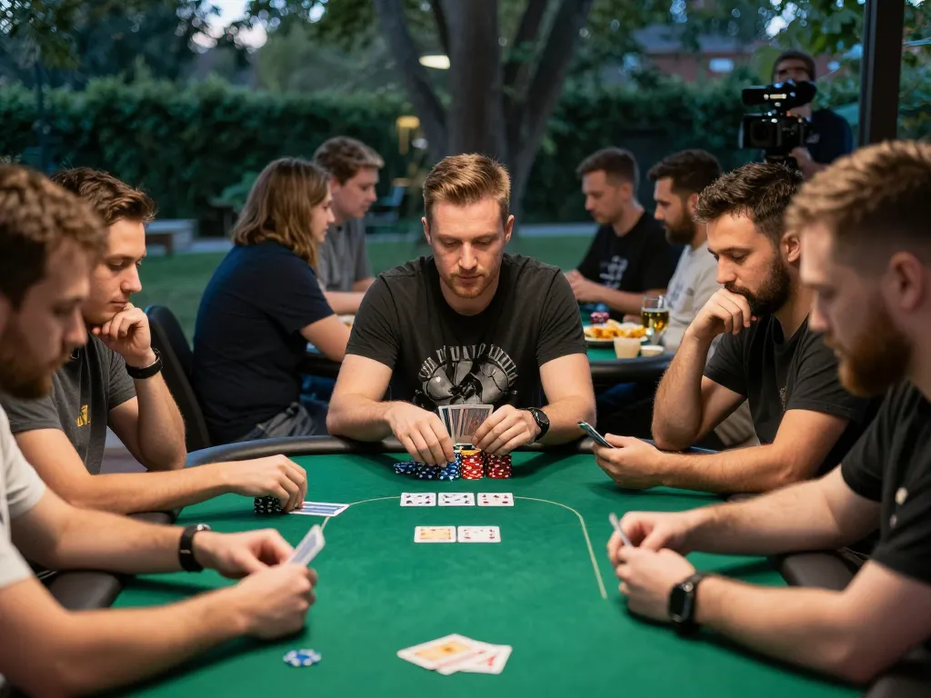 Pemain yang terlibat dalam permainan idn poker strategis di acara luar ruangan, menunjukkan interaksi yang hidup dan permainan yang bertanggung jawab.
