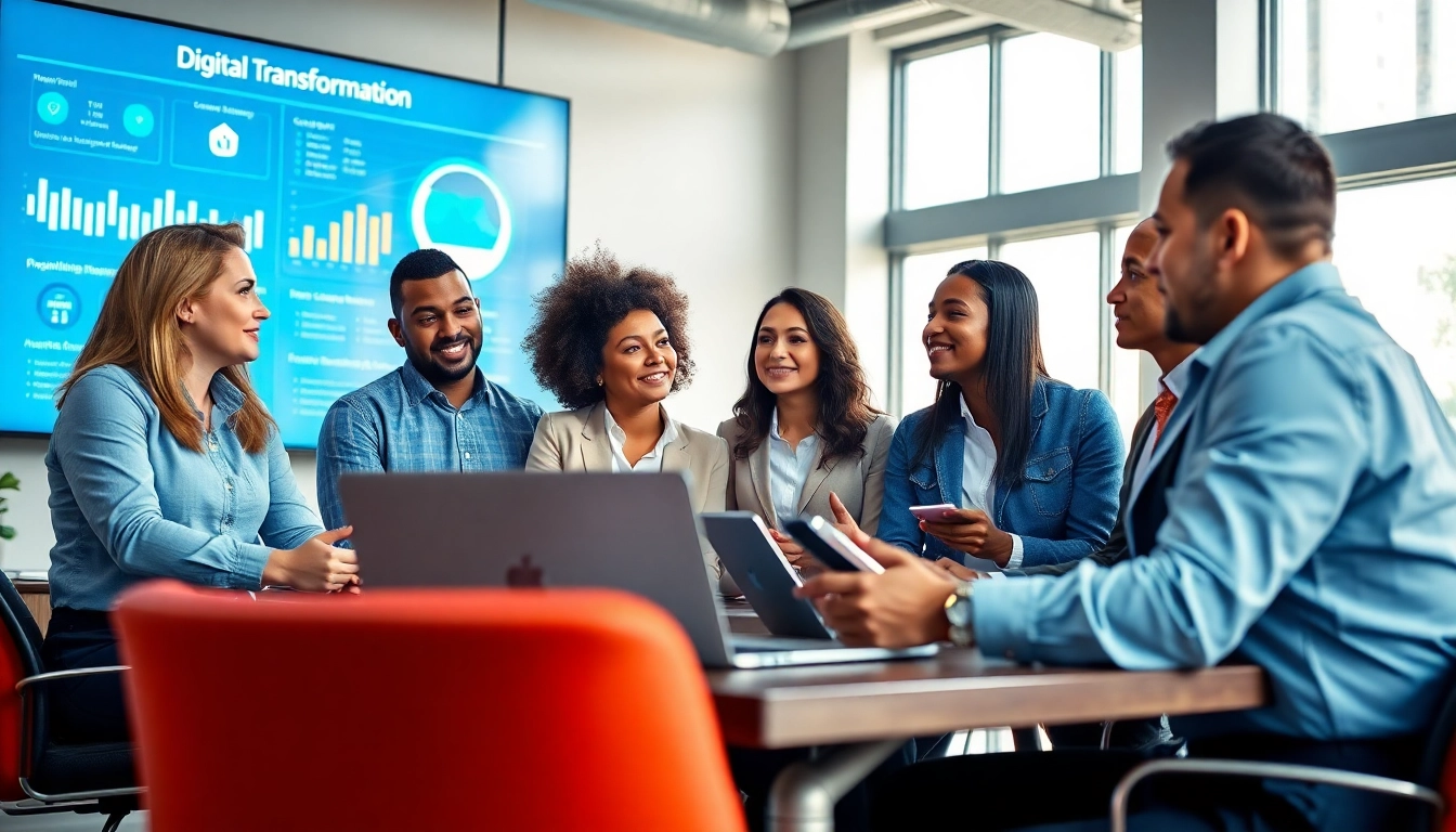 Engaged professionals discussing digital transformation services in a sleek office environment.
