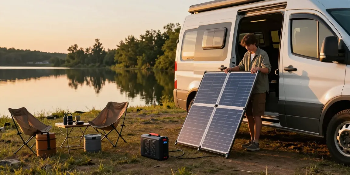 Utilizing a Foldable Solar Panel at a scenic lakeside for sustainable camping power.