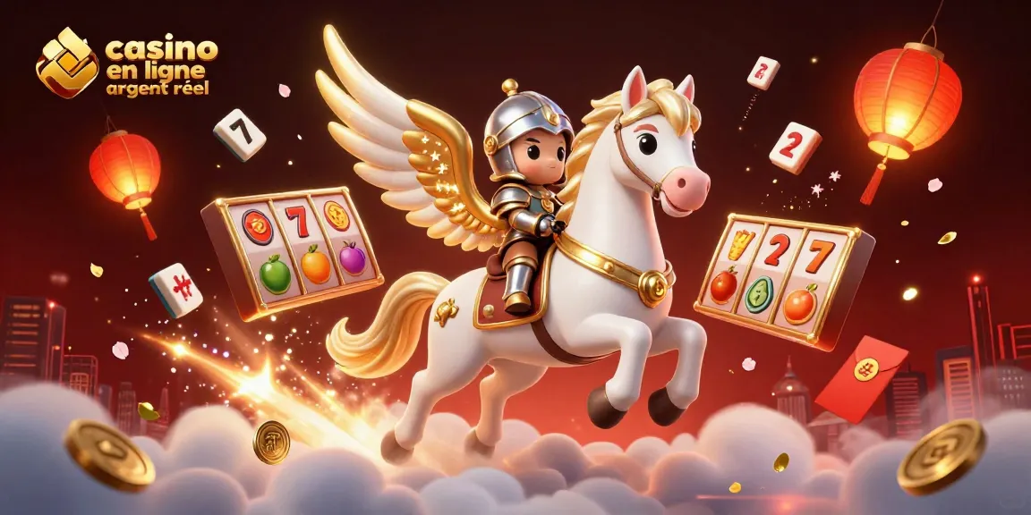 Jouez à des jeux de casino en ligne argent réel avec un cheval céleste et un chevalier armé entourés d'éléments colorés.