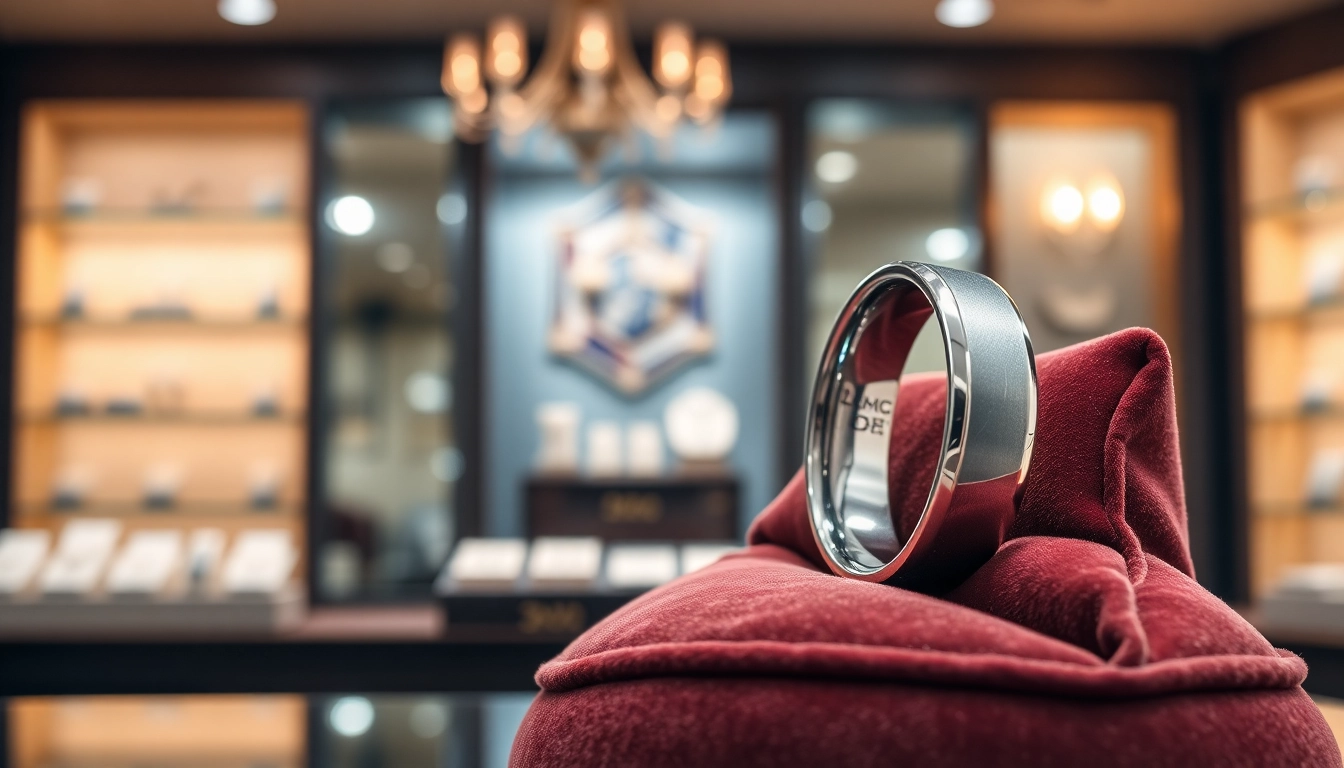 Tungsten rings displayed on velvet, showcasing stunning craftsmanship in a luxurious setting.