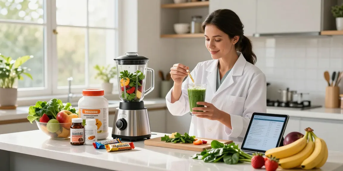 Nutritionist demonstrating science-backed supplements in a sunny kitchen, mixing a smoothie with fresh fruits and supplements.