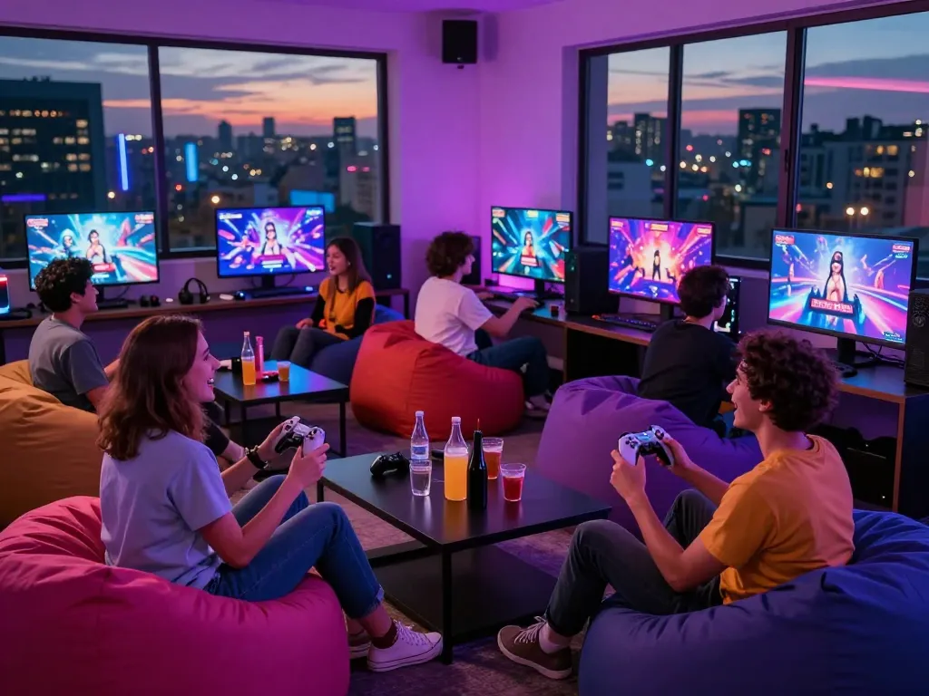 Engaging group playing sex games online in a vibrant gaming lounge.