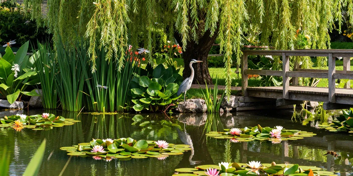 British Pond Plants flourishing in a serene garden pond with vibrant water lilies and wildlife.