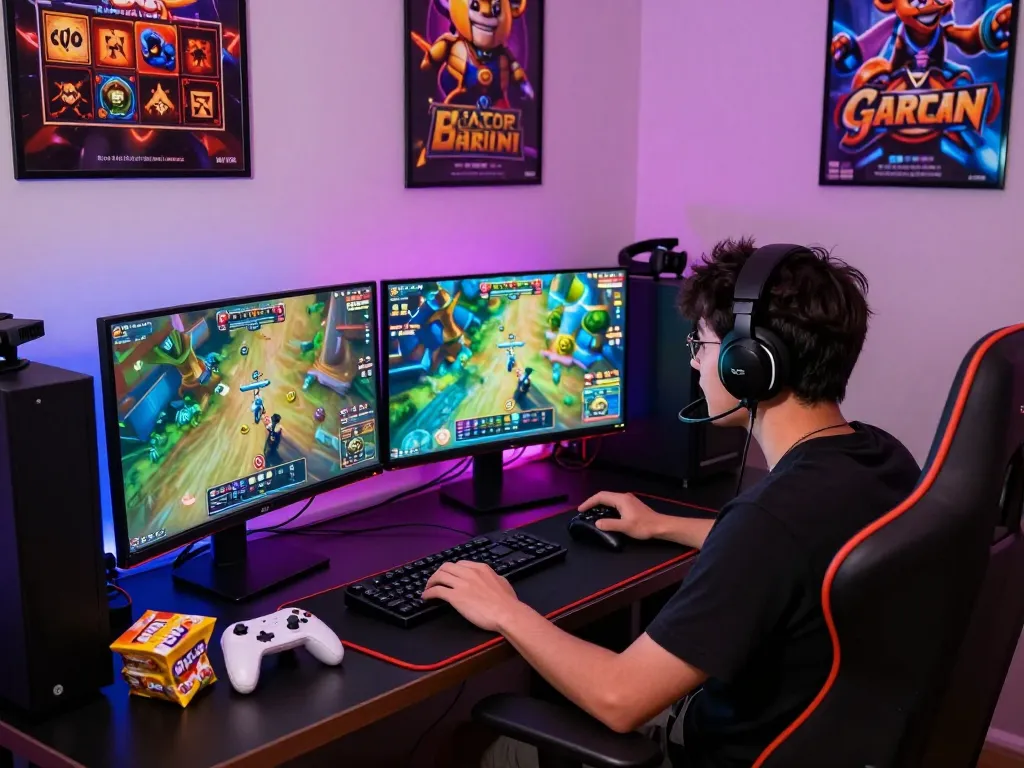 Pemain yang terlibat menikmati slot gacor hari ini dalam pengaturan permainan yang cerah dengan lampu LED dan dua monitor.