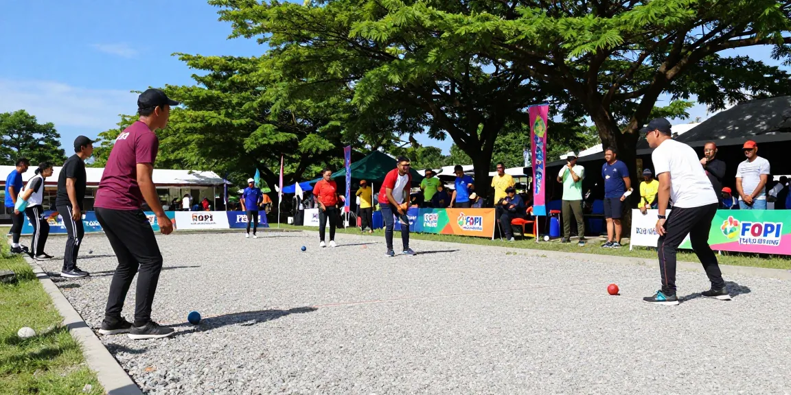 Aktivitas olahraga petanque di fopikotabitung.org, pemain bersaing di lapangan kerikil, suasana hangat penuh semangat komunitas.