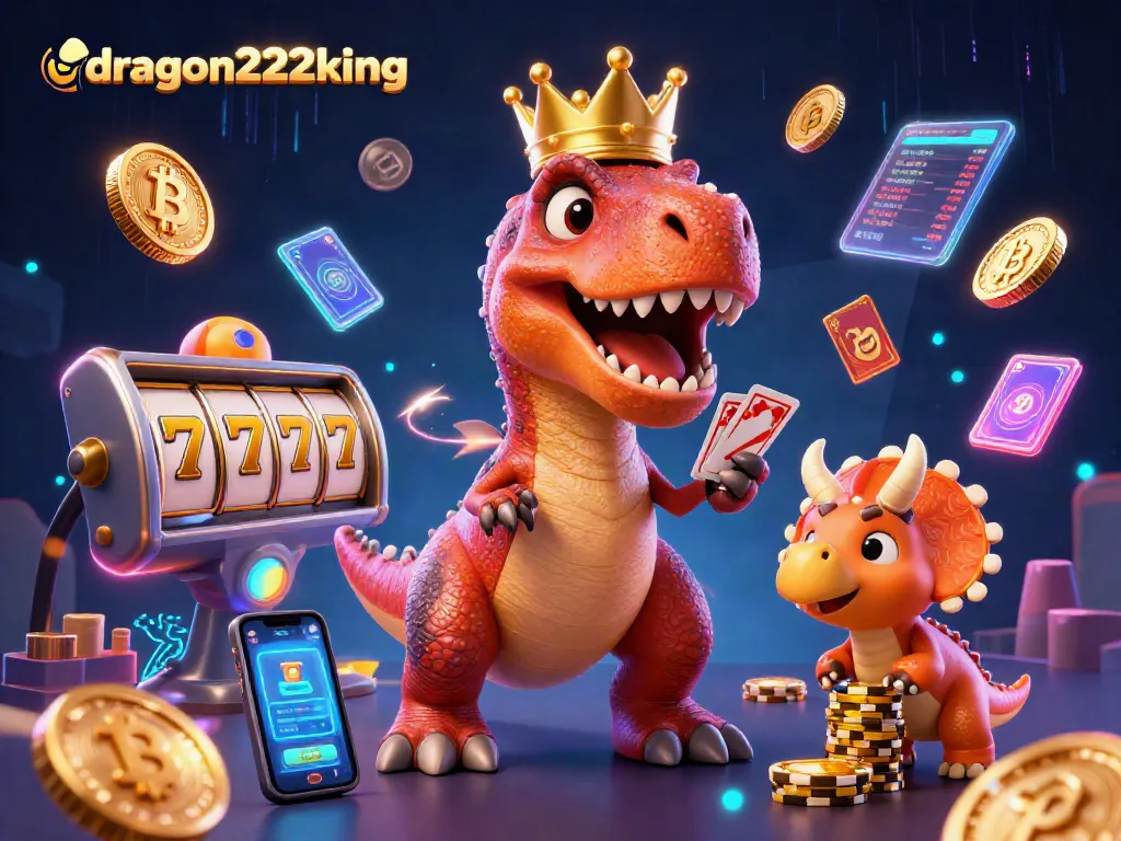 Experience epic wins with dragon222king as a dinosaur spins slots and stacks chips.