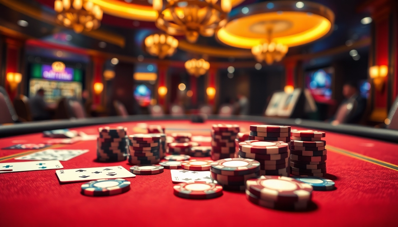 Menampilkan permainan situs toto dengan kartu dan chip di meja kasino yang elegan.