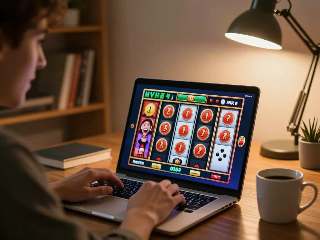 Player enjoying BUKA77 slot game at home, excited by a big win on their laptop.
