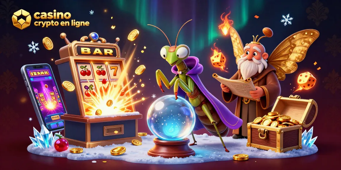 Jouez sur un casino crypto en ligne avec des personnages mystiques entourés de jeux et de richesses.