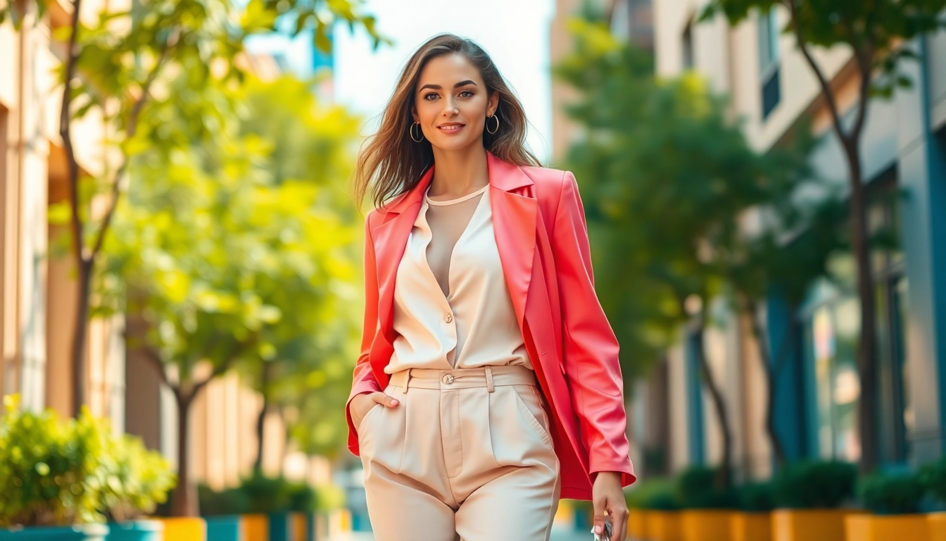 Stylish Rivelle outfit highlighted on a model in a vibrant urban setting.