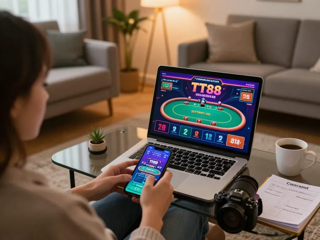 Engaging in TT88 online gaming from a cozy home setup with laptop and smartphone.