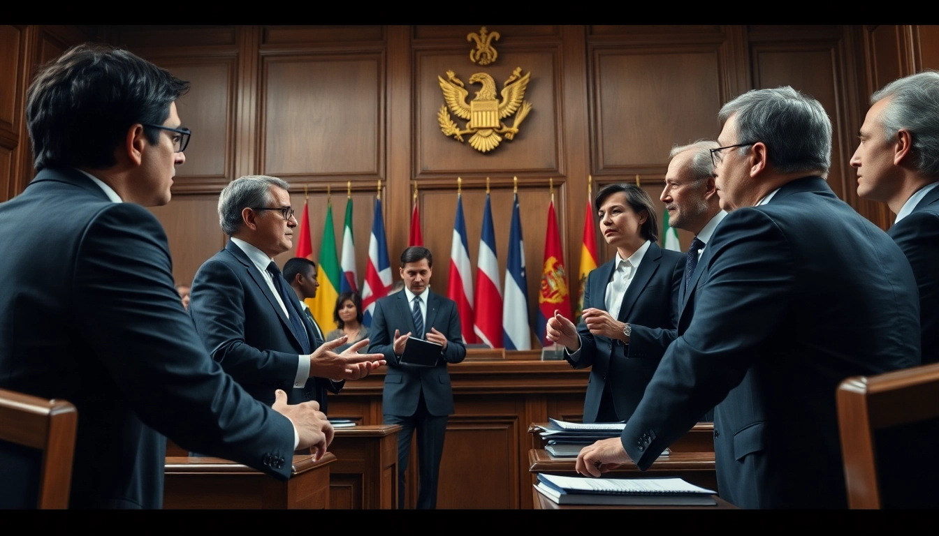 In a vibrant courtroom, diverse lawyers debate crucial internationales Strafrecht issues, showcasing global legal collaboration.