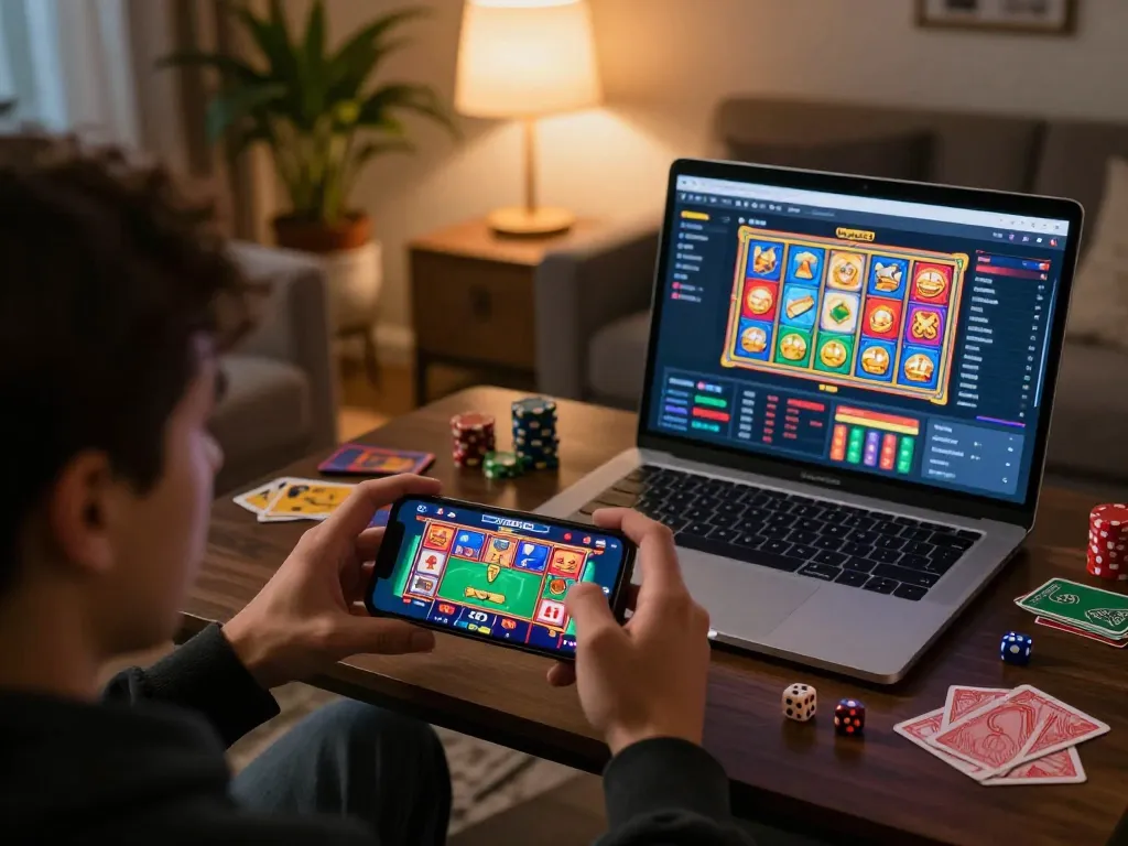 Engaging in JPROYAL casino slots on a smartphone during a relaxed home gaming session