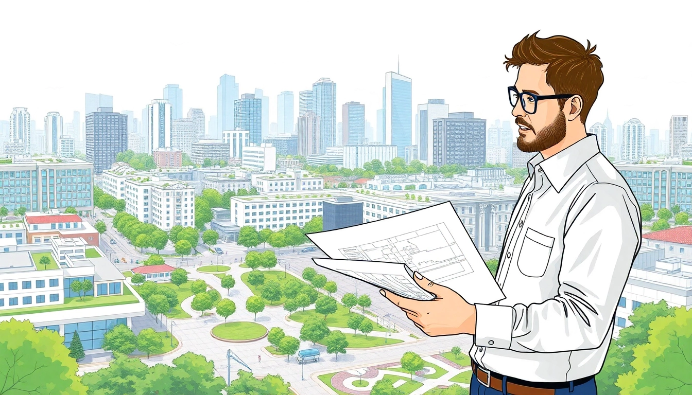 Urban planner reviewing city blueprints in a lively urban environment.