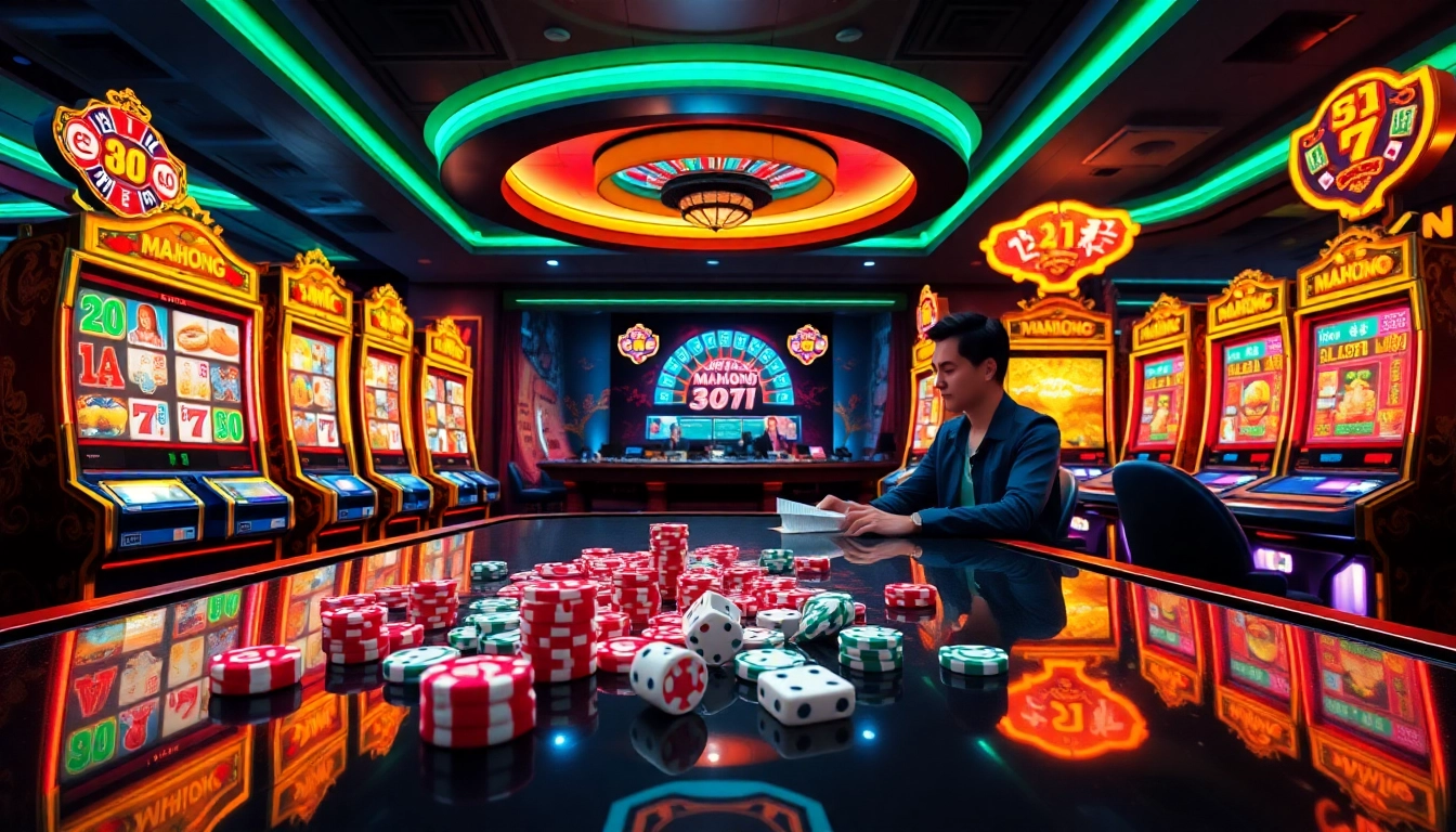 Experience the excitement of a Mahjong slot demo with vibrant graphics and thrilling gameplay in a bustling casino setting.