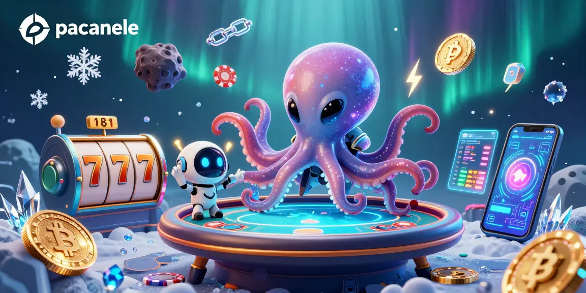 Joacă pacanele: ilustrație 3D cu un caracatiță extraterestru și jocuri de noroc din galaxie.