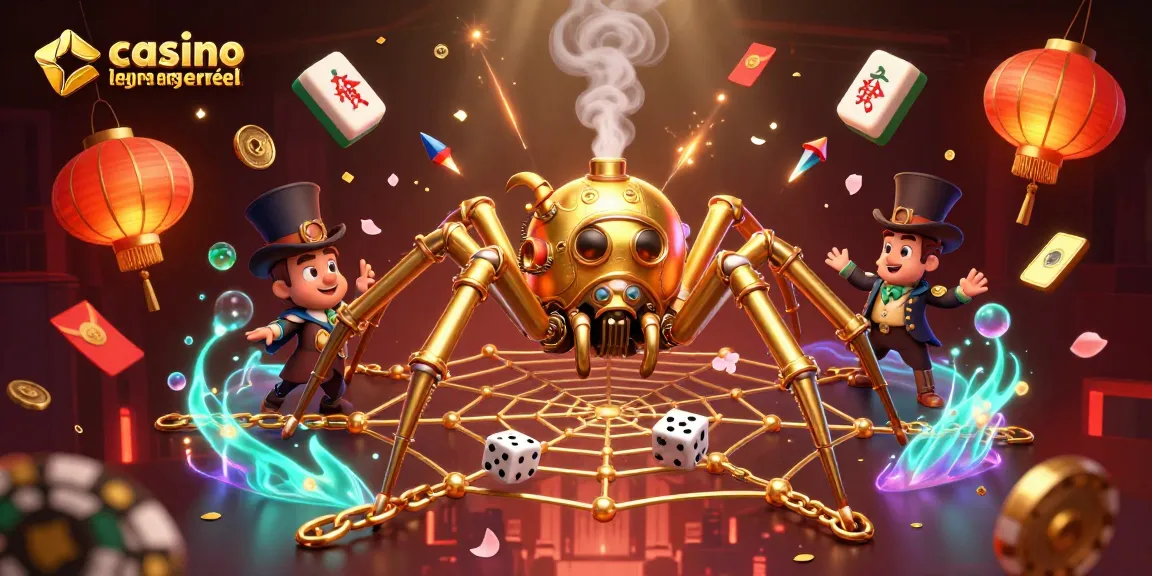 Célébrez le monde fascinant des jeux avec le concept de casino en ligne argent réel mettant en avant une araignée steampunk à la recherche de chances à travers un décor riche.