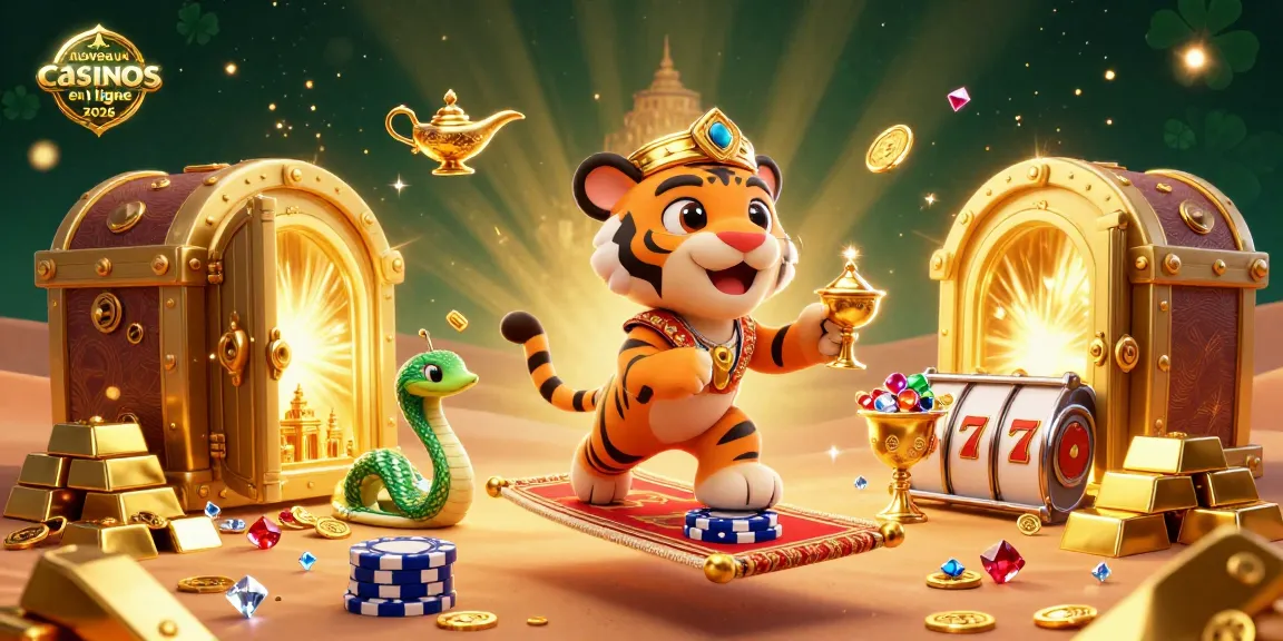 Illustration vibrante de nouveaux casinos en ligne 2026 avec un sultan tigre et des éléments de jeu.