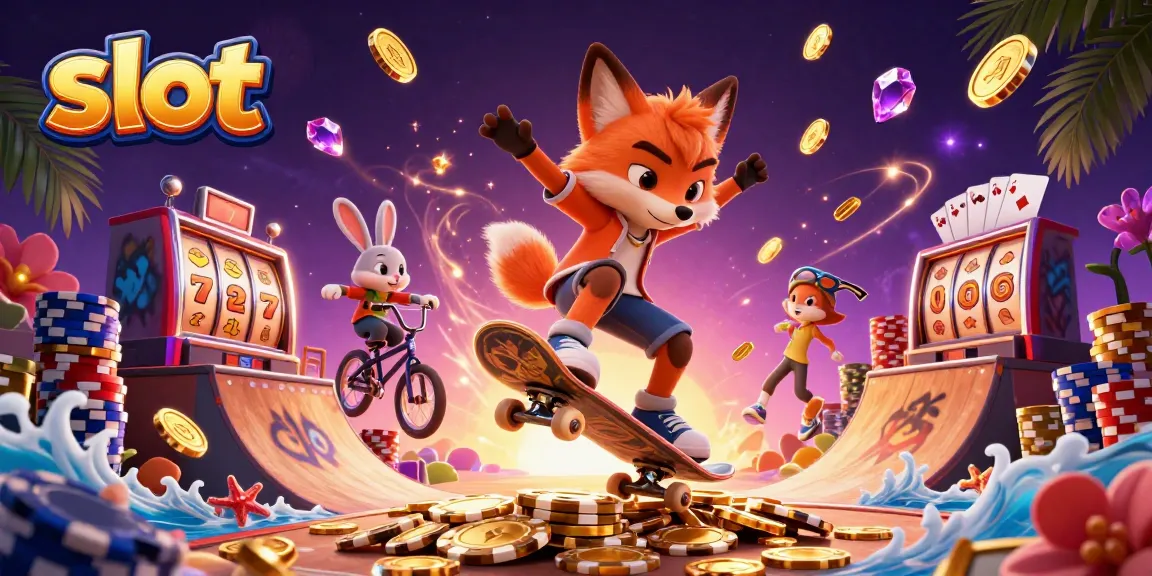 Engaging 3D illustration showcasing a slot-themed scene with a skateboarder fox flipping over poker chips.