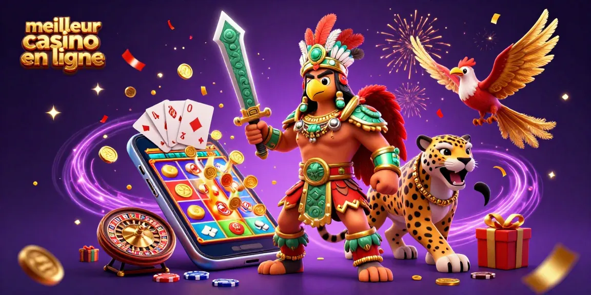Découvrez le meilleur casino en ligne avec des guerriers aztèques et un smartphone affichant des jeux captivants.