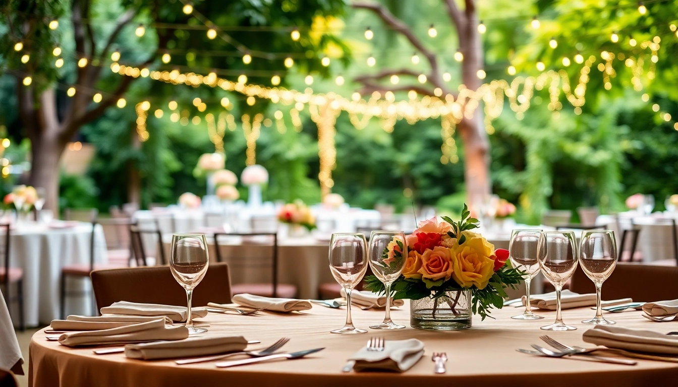 Elegant table rentals displayed in a garden setting with beautiful centerpieces.