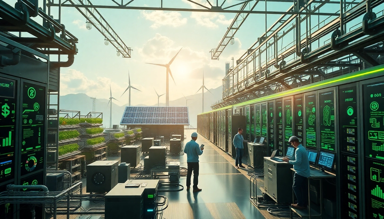 Futuristic mining facility illustrating bitcoin cloud mining powered by renewable energy.