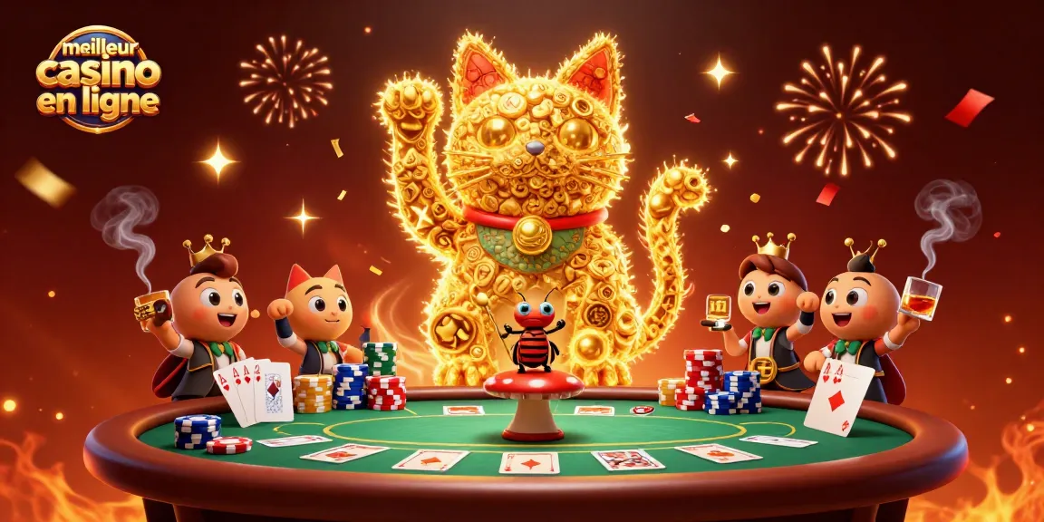 Jouez sur le meilleur casino en ligne avec un chat chanceux et des symboles de casino colorés.