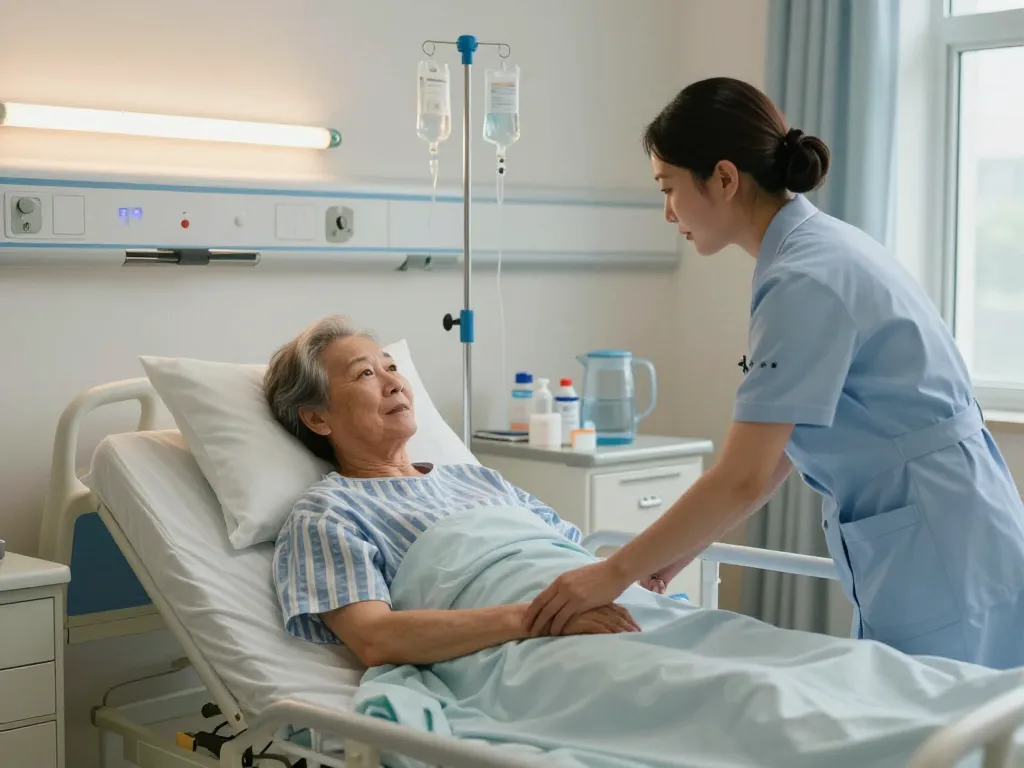 Comfortable giường bệnh nhân in a hospital room with nurse assisting an elderly patient.