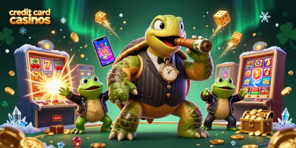 Experience the excitement of credit card casinos with a cartoon turtle mobster and bullfrog enforcers amidst vibrant gaming elements.